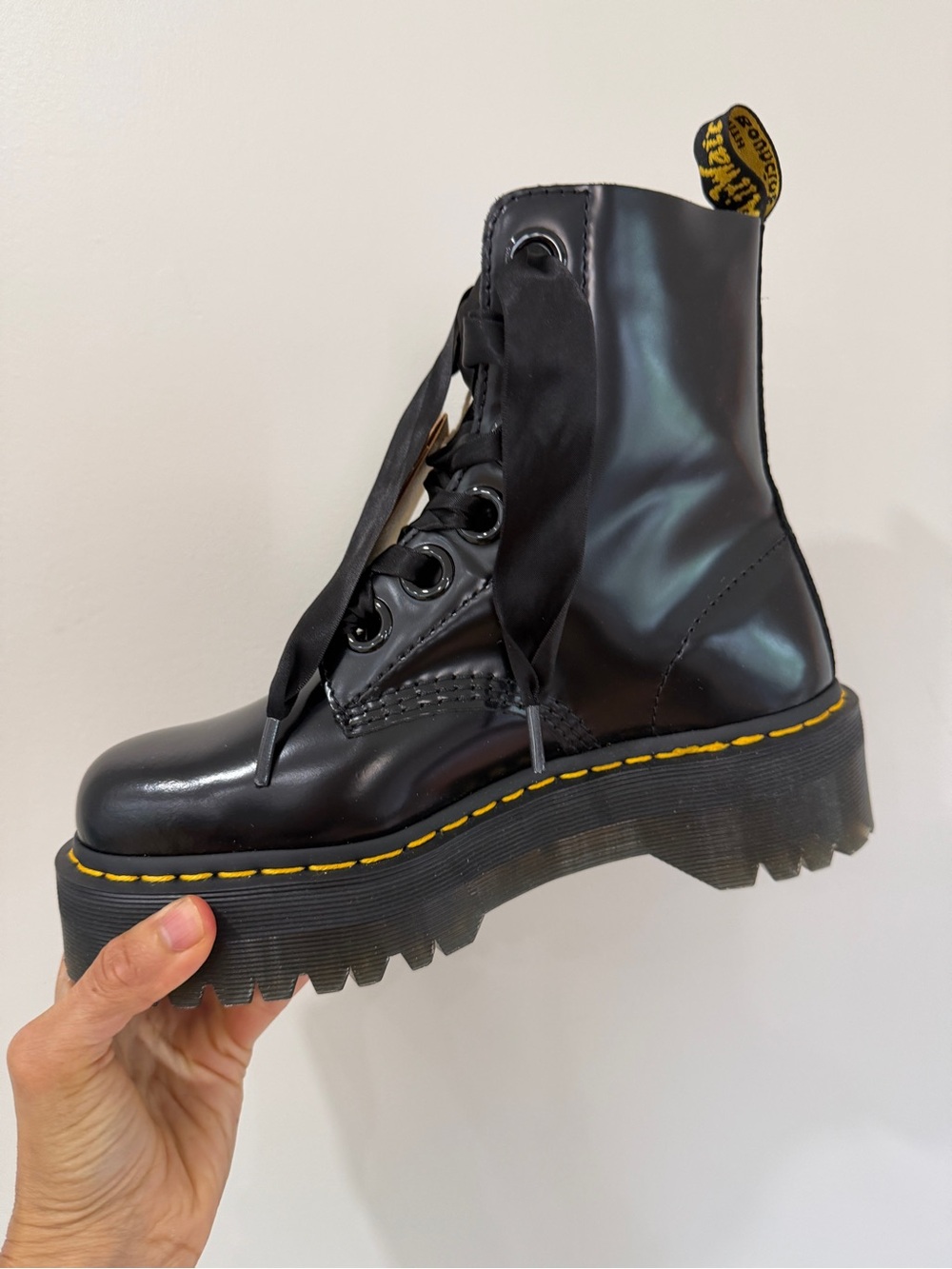 Dr. Martens Black Leather Platform Combat Boots with Yellow Stitching - Picture 3 of 7